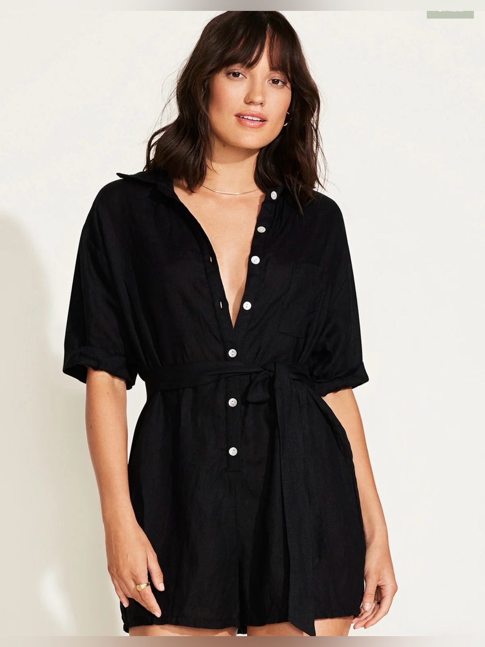 NWT Vitamin A Playa Black Button-Front Swim Coverup with Tie Waist Romper Size M
